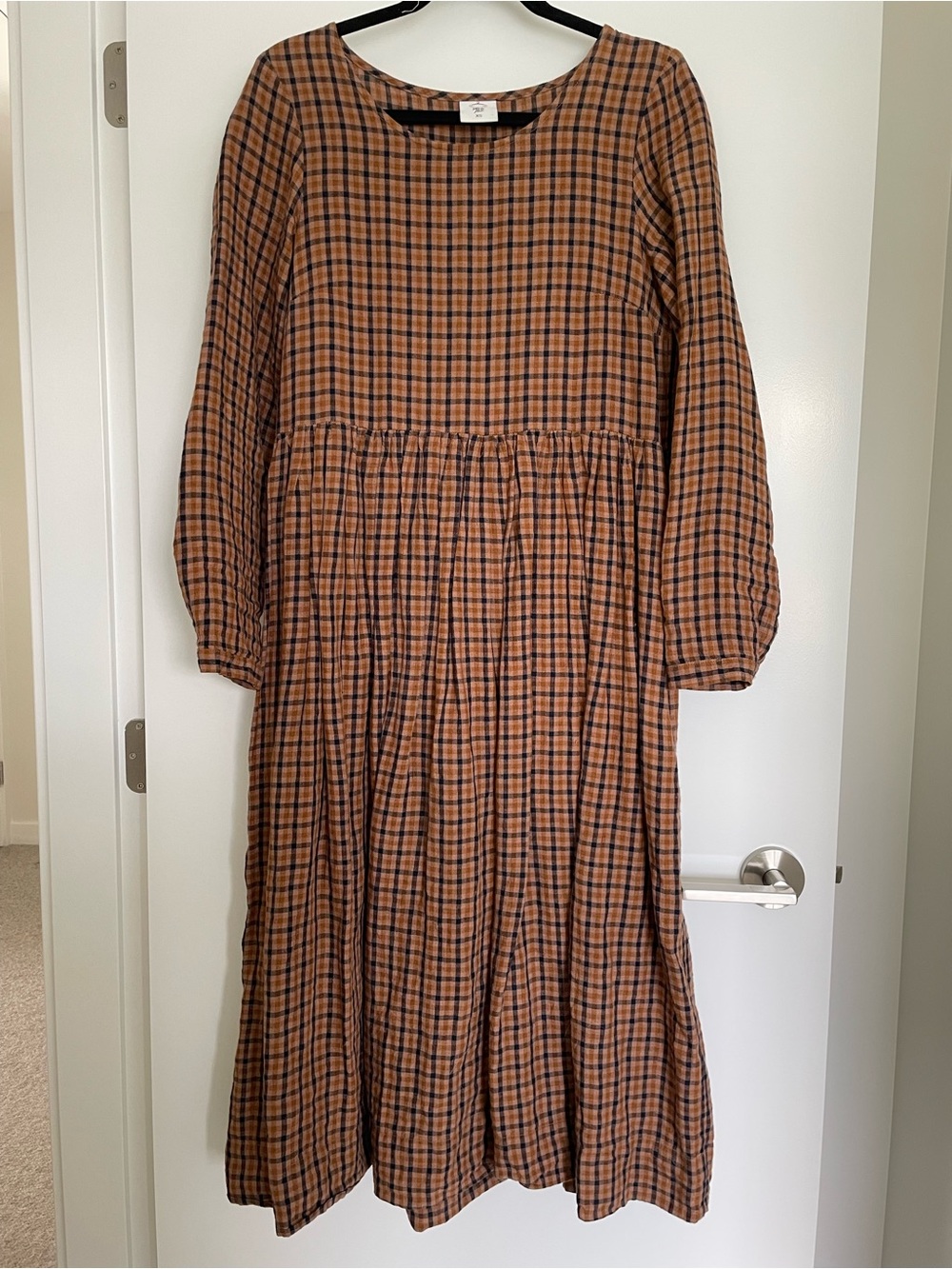 Son de Flor Rusty Brown and Dark Navy Gingham Linen Dress